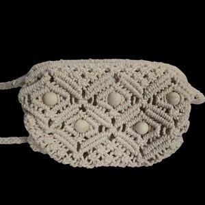 Artisan Crochet Crossbody Bag Cream Macrame Beaded Handmade Small Purse Beaded